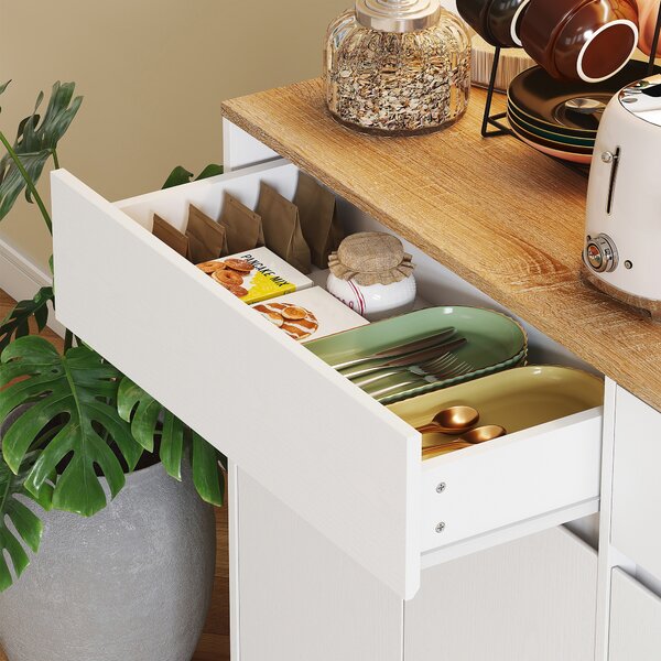 HOMCOM Buffet cucina mobile cucina alto con luce LED RGB, piano di lavoro, 6 ante, 2 cassetti, bianco | Aosom Italy