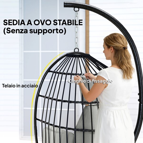 Outsunny Poltrona Sospesa a Uovo con Gancio, Cuscino e Poggiatesta, in Acciaio e Poliestere, 75x62x107 cm, Grigio | Aosom Italy