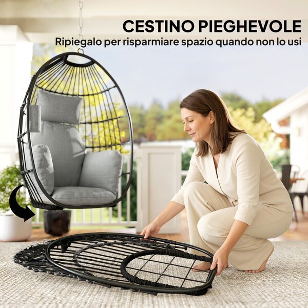 Outsunny Poltrona Sospesa a Uovo con Gancio, Cuscino e Poggiatesta, in Acciaio e Poliestere, 75x62x107 cm, Grigio | Aosom Italy