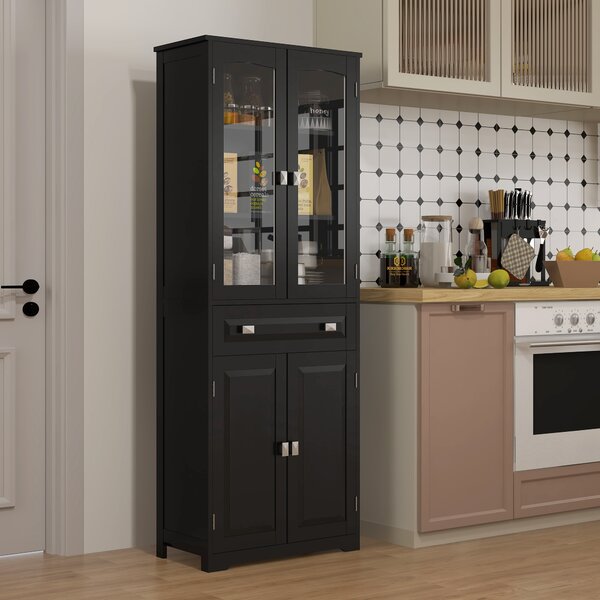 HOMCOM Buffet alto armadio da cucina 4 ante, di cui 2 ante vetrate e 1 cassetto, altezza 160 cm con ripiani in legno, nero | Aosom Italy