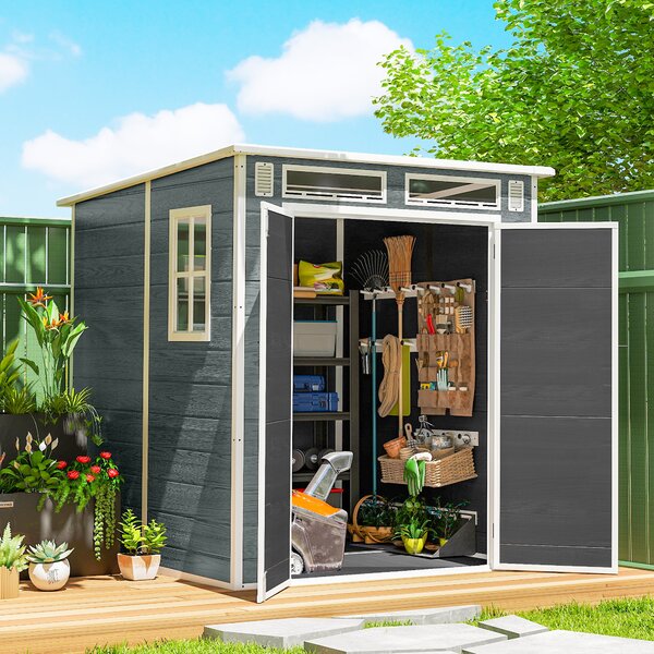 Outsunny Capanno da giardino in plastica 1,83 x 1,83 m, effetto legno, con pavimento, finestre, porte bloccabili e prese d'aria, grigio | Aosom Italy