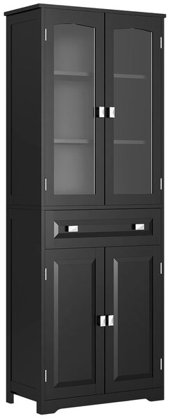 HOMCOM Buffet alto armadio da cucina 4 ante, di cui 2 ante vetrate e 1 cassetto, altezza 160 cm con ripiani in legno, nero | Aosom Italy