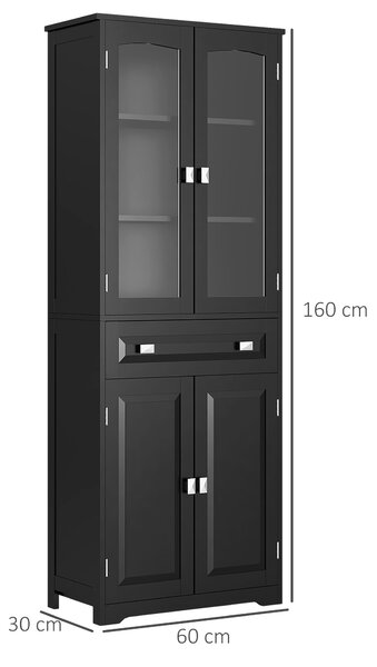 HOMCOM Buffet alto armadio da cucina 4 ante, di cui 2 ante vetrate e 1 cassetto, altezza 160 cm con ripiani in legno, nero | Aosom Italy
