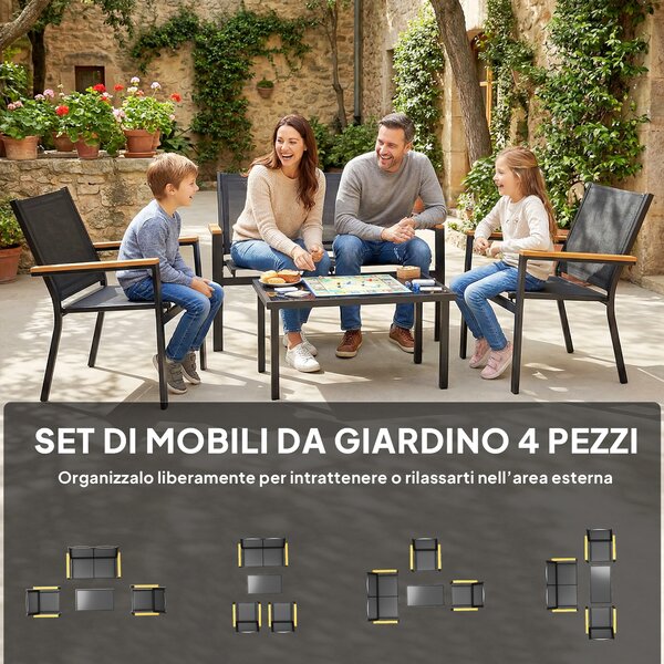 Outsunny Mobili da Giardino 4pz con Tavolino da Caffè in Vetro Temperato e 3 Sedute in Tessuto Teslin, Nero | Aosom Italy