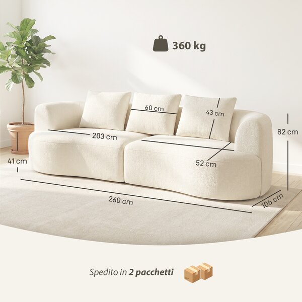 HOMCOM Divano 3 Posti Modulare 260cm Senza Struttura con Seduta Ampia, Imbottitura Spessa, 3 Cuscini, in Chenille, Crema | Aosom Italy