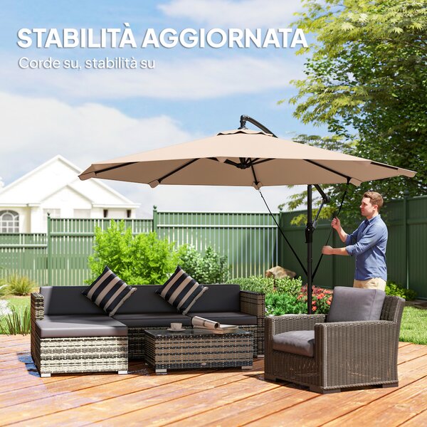 Outsunny Ombrellone a Sbalzo Ø3 m con Base a Croce e Manovella, in Metallo, PP e Poliestere, Cachi | Aosom Italy