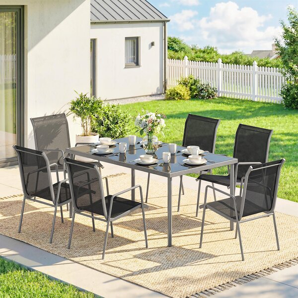 Outsunny Set tavolo e sedie da giardino da 7 pezzi con 6 Sedie Impilabili e Tavolino da Caffèm, Nero e Argento | Aosom Italy