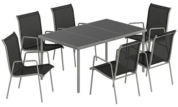 Outsunny Set tavolo e sedie da giardino da 7 pezzi con 6 Sedie Impilabili e Tavolino da Caffèm, Nero e Argento | Aosom Italy