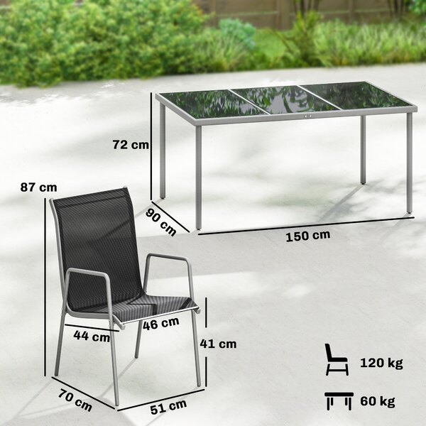 Outsunny Set tavolo e sedie da giardino da 7 pezzi con 6 Sedie Impilabili e Tavolino da Caffèm, Nero e Argento | Aosom Italy