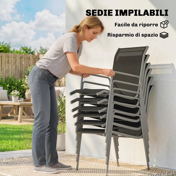 Outsunny Set tavolo e sedie da giardino da 7 pezzi con 6 Sedie Impilabili e Tavolino da Caffèm, Nero e Argento | Aosom Italy