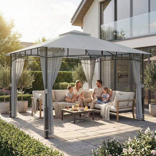 Outsunny Tenda per Giardino con Doppio Tetto Gazebo con Pareti a Rete UPF50+ per Esterno Terrazza 360x300x275 cm Grigio | Aosom Italy