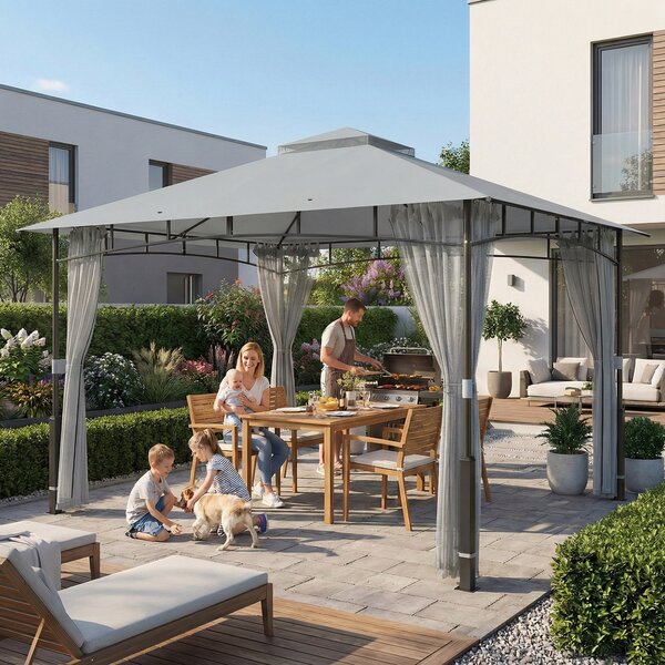 Outsunny Tenda per Giardino con Doppio Tetto Gazebo con Pareti a Rete UPF50+ per Esterno Terrazza 360x300x275 cm Grigio | Aosom Italy