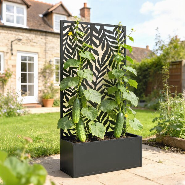 Outsunny Fioriera con frangivista Fioriera con griglia per rampicanti motivi foglie tropicali 61 x 23 x 113 cm Nero | Aosom Italy
