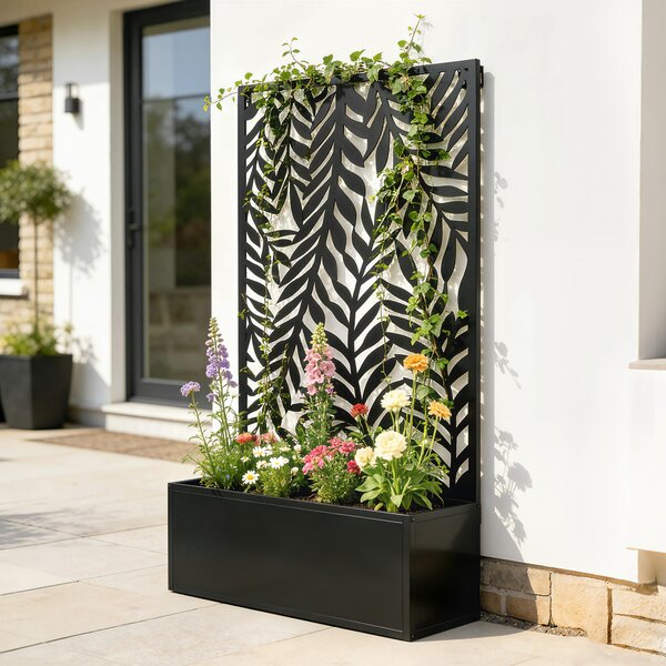 Outsunny Fioriera con frangivista Fioriera con griglia per rampicanti motivi foglie tropicali 61 x 23 x 113 cm Nero | Aosom Italy