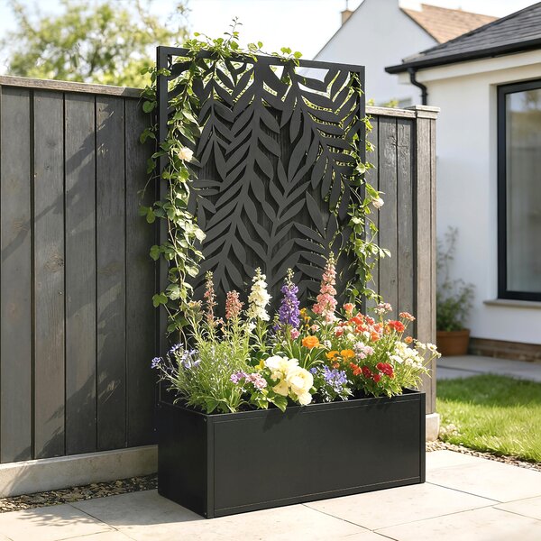 Outsunny Fioriera con frangivista Fioriera con griglia per rampicanti motivi foglie tropicali 61 x 23 x 113 cm Nero | Aosom Italy