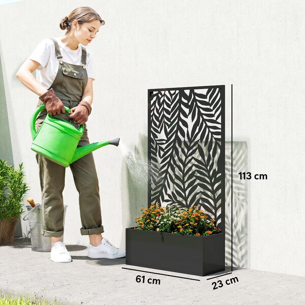 Outsunny Fioriera con frangivista Fioriera con griglia per rampicanti motivi foglie tropicali 61 x 23 x 113 cm Nero | Aosom Italy