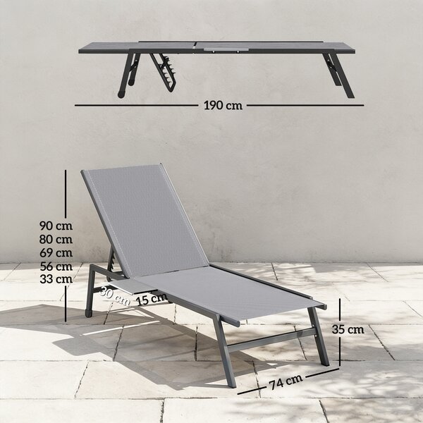 Outsunny Set 2 Lettini Prendisole Regolabili in 5 Posizioni con Tavolino Laterale e 2 Ruote, in Metallo e Poliestere, Grigio | Aosom Italy