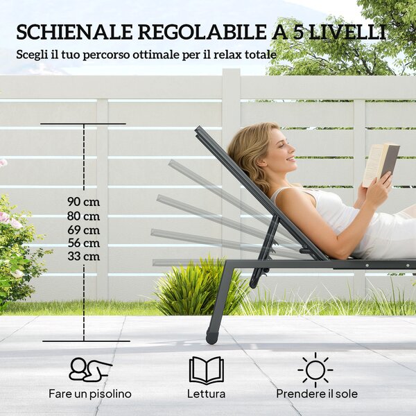 Outsunny Set 2 Lettini Prendisole Regolabili in 5 Posizioni con Tavolino Laterale e 2 Ruote, in Metallo e Poliestere, Grigio | Aosom Italy