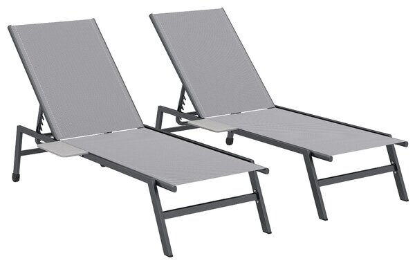 Outsunny Set 2 Lettini Prendisole Regolabili in 5 Posizioni con Tavolino Laterale e 2 Ruote, in Metallo e Poliestere, Grigio | Aosom Italy