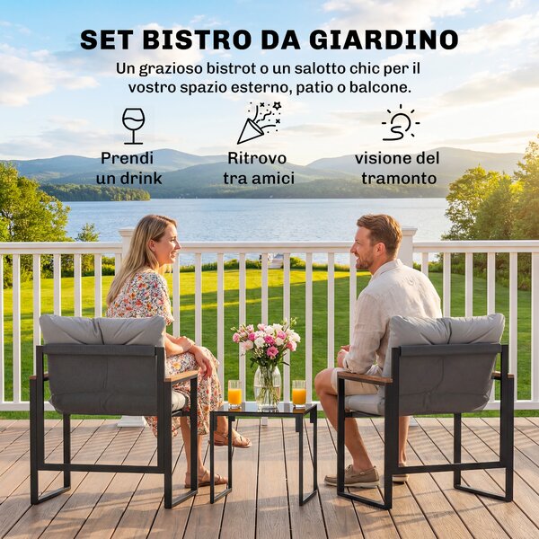 Outsunny Set Tavolo e Sedie da Esterno per 3 Persone in Metallo con Cuscini Spessi, Multicolore | Aosom Italy