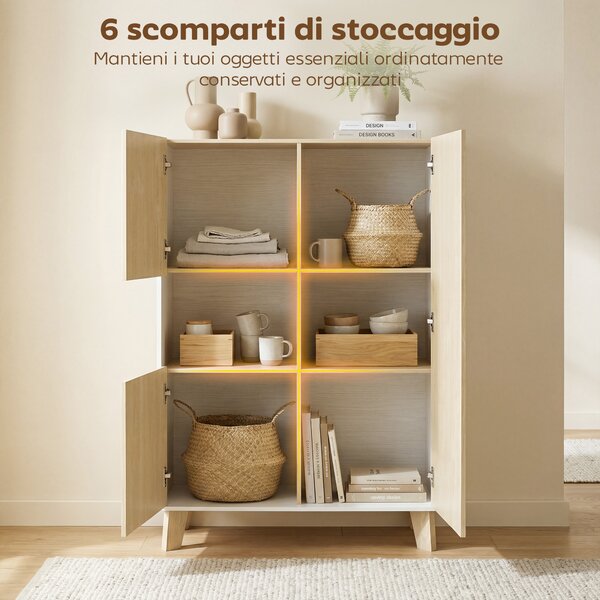 HOMCOM Credenza Cucina, Mobile Cucina a 6 Scomparti con Ante Soft Close per Soggiorno, Salotto, Bianco e Color Legno | Aosom Italy