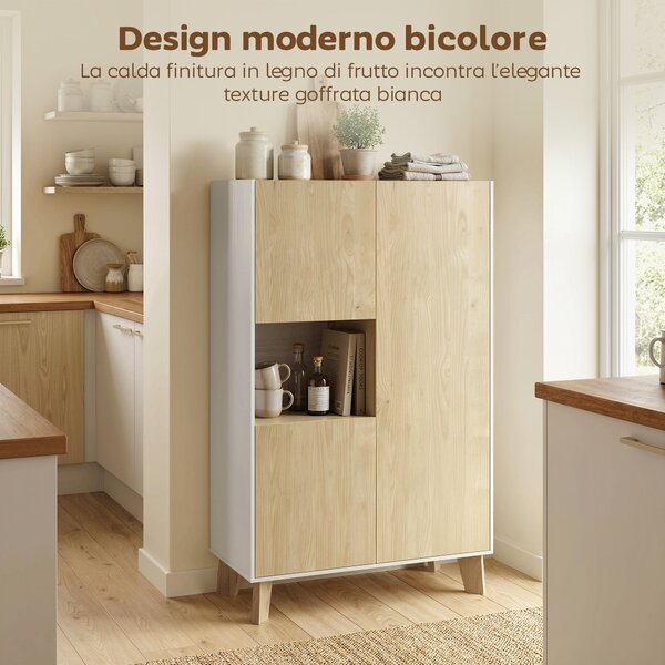 HOMCOM Credenza Cucina, Mobile Cucina a 6 Scomparti con Ante Soft Close per Soggiorno, Salotto, Bianco e Color Legno | Aosom Italy