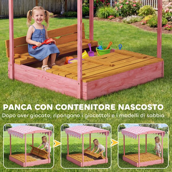 AIYAPLAY Sabbiera per Bambini 3-6 Anni con Tettuccio Fenicotteri, Sedute Pieghevoli, Coperchio e Fodera Inclusa, Sabbionaia per Bambini in Legno di Abete, 134.5x127.5x130 cm, Rosa | Aosom Italy