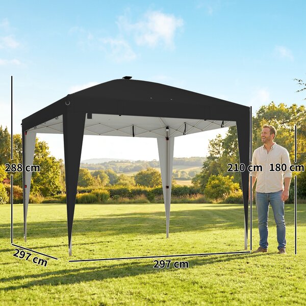 Outsunny Gazebo 3x3 m Pieghevole ad Altezza Regolabile con Luce Centrale e Telecomando, in Metallo e Poliestere, Nero | Aosom Italy
