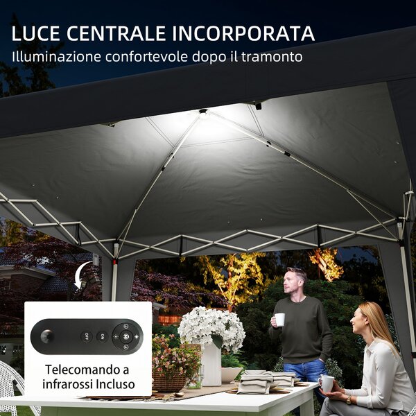 Outsunny Gazebo 3x3 m Pieghevole ad Altezza Regolabile con Luce Centrale e Telecomando, in Metallo e Poliestere, Nero | Aosom Italy