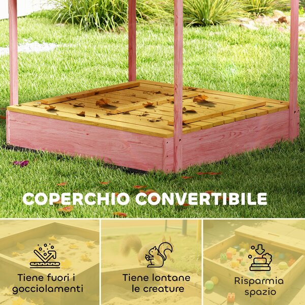 AIYAPLAY Sabbiera per Bambini 3-6 Anni con Tettuccio Fenicotteri, Sedute Pieghevoli, Coperchio e Fodera Inclusa, Sabbionaia per Bambini in Legno di Abete, 134.5x127.5x130 cm, Rosa | Aosom Italy