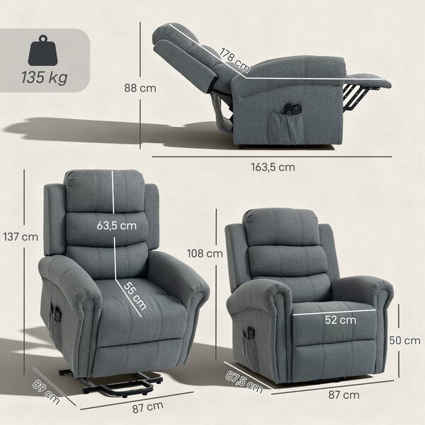 HOMCOM Poltrona massaggiante con funzione alzata, poltrona relax, testine vibranti, con funzione inclinabile, effetto lino, Grigio | Aosom Italy