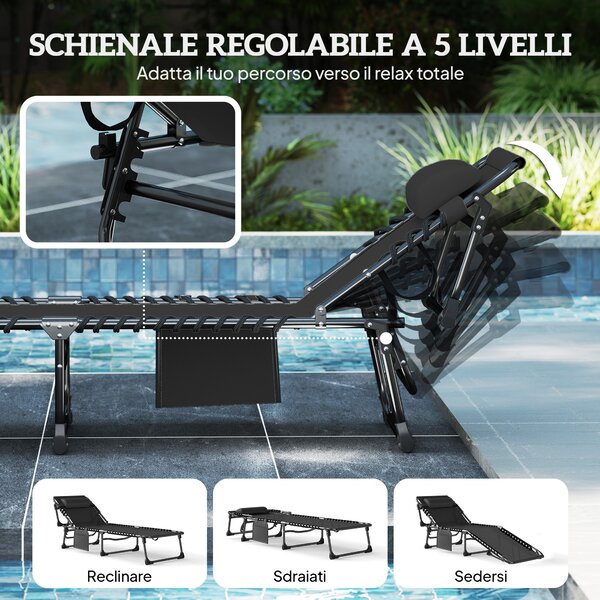 Outsunny Set 2 Lettini Prendisole da Giardino Pieghevoli e Reclinabili su 5 Livelli con Cuscini, 57x200x38 cm, Nero | Aosom Italy