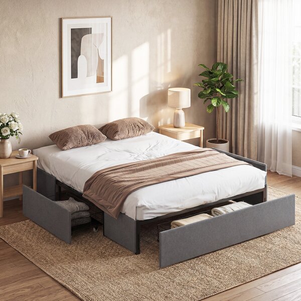 Struttura Letto Matrimoniale 165x193x30 cm a Doghe con 3 Cassetti in Legno Poliestere e Metallo Grigio