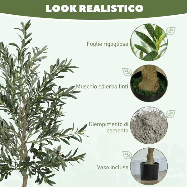 HOMCOM Pianta Artificiale di Olivo Alta 180 cm, Albero Finto con 900 Foglie e 40 Olive, Vaso Incluso | Aosom Italy