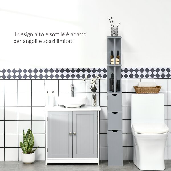 HOMCOM Mobile Colonna Bagno con Ripiani Aperti e Cassetti, in Legno, 15x33x136.8 cm, Grigio | Aosom Italy