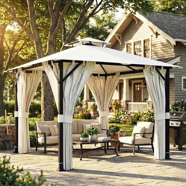 Outsunny Gazebo da giardino 3x3m padiglione da giardino, tetto doppio, tende, ganci da soffitto, telaio in metallo, crema | Aosom Italy