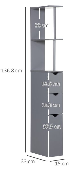 HOMCOM Mobile Colonna Bagno con Ripiani Aperti e Cassetti, in Legno, 15x33x136.8 cm, Grigio | Aosom Italy
