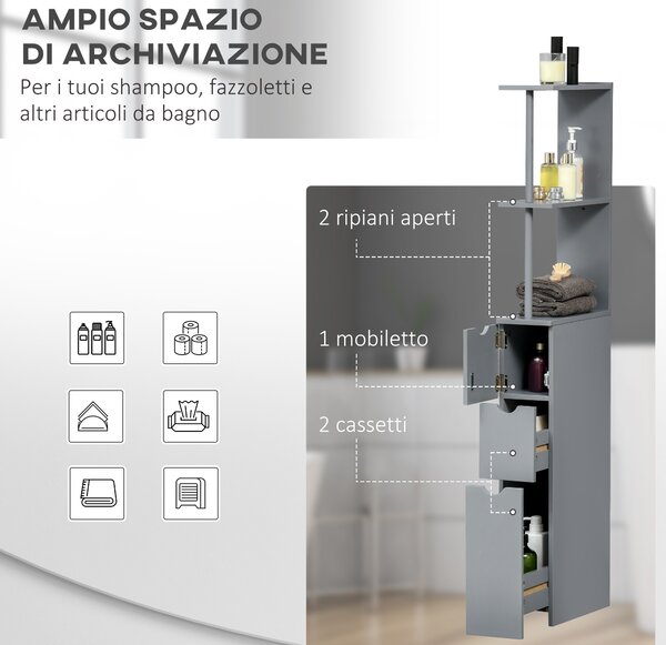 HOMCOM Mobile Colonna Bagno con Ripiani Aperti e Cassetti, in Legno, 15x33x136.8 cm, Grigio | Aosom Italy