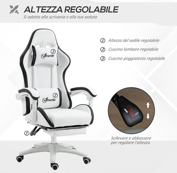 Vinsetto Sedia da Gaming con Altezza Regolabile e Schienale Reclinabile, 65x65x121-129 cm, Bianco e Nero | Aosom Italy