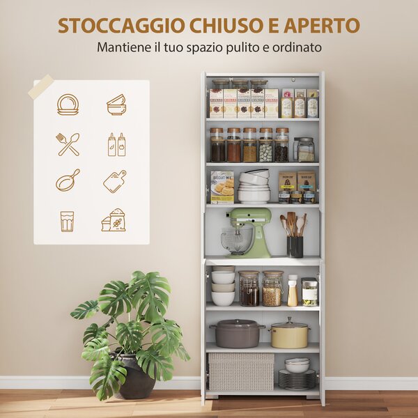 HOMCOM Credenza Cucina Alta 180cm, Mobile Dispensa con Ante Soft-Close, Ripiano Aperto, 2 Armadietti, Ripiani Regolabili, Mobile Cucina Moderno per Sala da Pranzo Soggiorno, Bianco Lucido | Aosom Italy