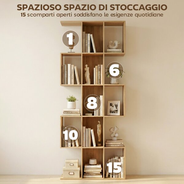 HOMCOM Libreria Scaffale a 5 Ripiani in Legno a Forma di S, Libreria Verticale Salvaspazio con 15 Compartimenti, Rovere | Aosom Italy