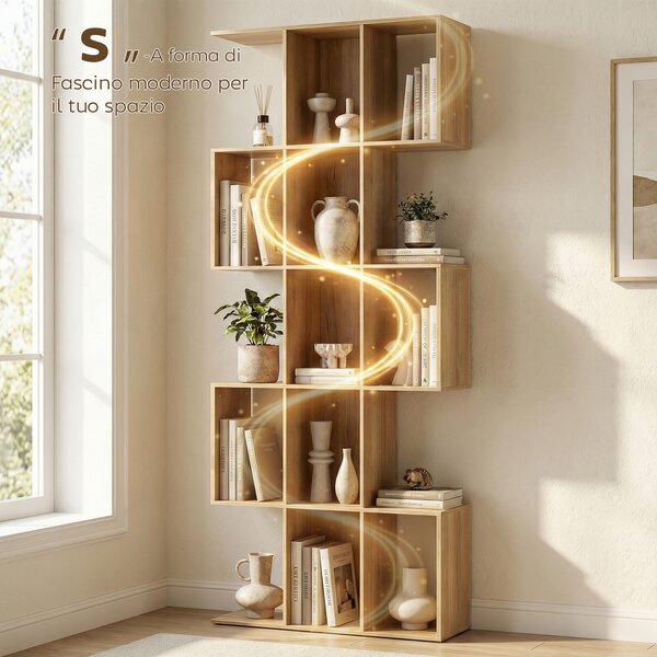 HOMCOM Libreria Scaffale a 5 Ripiani in Legno a Forma di S, Libreria Verticale Salvaspazio con 15 Compartimenti, Rovere | Aosom Italy