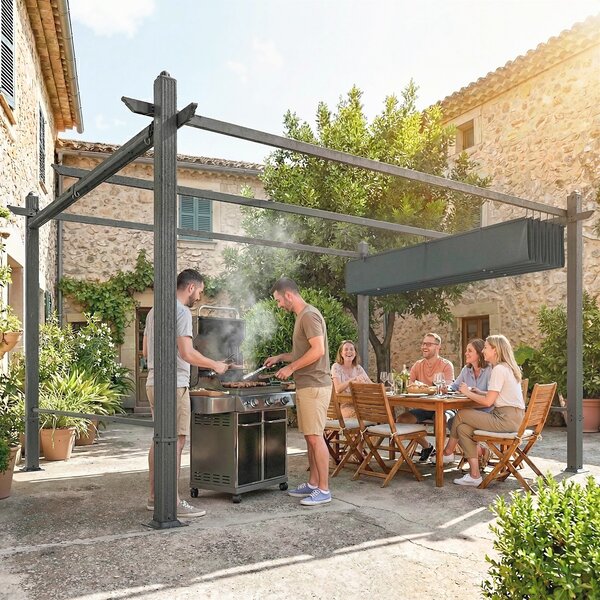 Outsunny Pergola in Alluminio Gazebo da Giardino Tende Automatiche Scorrevole Retrattile UV50+ 3x4 m Grigio Antracite | Aosom Italy