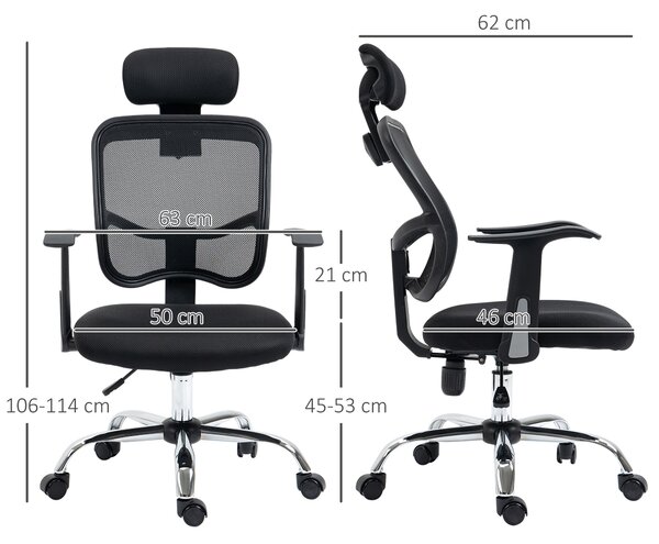 Vinsetto Sedia da Ufficio Ergonomica con Seduta Regolabile e Poggiatesta, in Poliestere e Acciaio, 63x62x106-114 cm, Nero | Aosom Italy