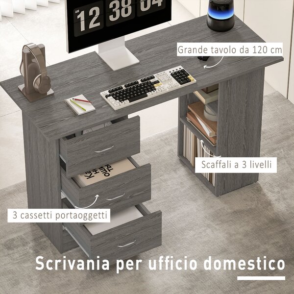 HOMCOM Scrivania Moderna con 3 Cassetti e 3 Ripiani per Camera e Ufficio, in Legno, 120x49x72 cm, Grigio | Aosom Italy