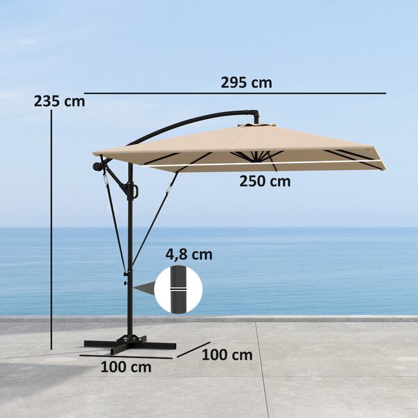 Outsunny Ombrellone Decentrato 2.5x2.5 m con Base a Croce e Manovella, in Metallo e Poliestere, Cachi | Aosom Italy