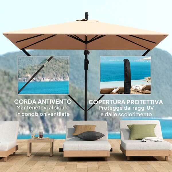 Outsunny Ombrellone Decentrato 2.5x2.5 m con Base a Croce e Manovella, in Metallo e Poliestere, Cachi | Aosom Italy