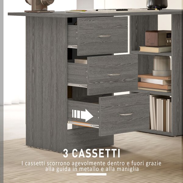 HOMCOM Scrivania Moderna con 3 Cassetti e 3 Ripiani per Camera e Ufficio, in Legno, 120x49x72 cm, Grigio | Aosom Italy