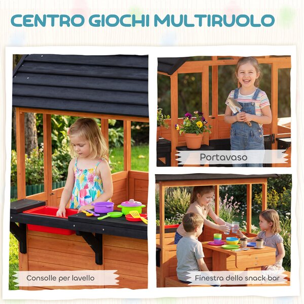 Casetta in Legno AIYAPLAY, Gioco Interno/Esterno per Bambini 3-8 Anni con Tavolo e Panche, Marrone | Aosom Italy