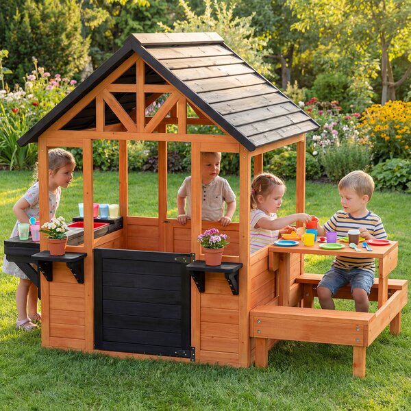 Casetta in Legno AIYAPLAY, Gioco Interno/Esterno per Bambini 3-8 Anni con Tavolo e Panche, Marrone | Aosom Italy